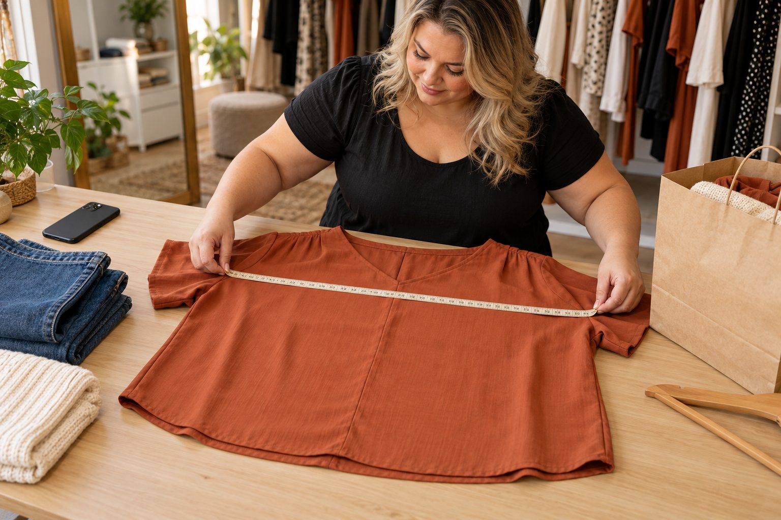 Mulher medindo uma blusa plus size para apresentar ao brechó