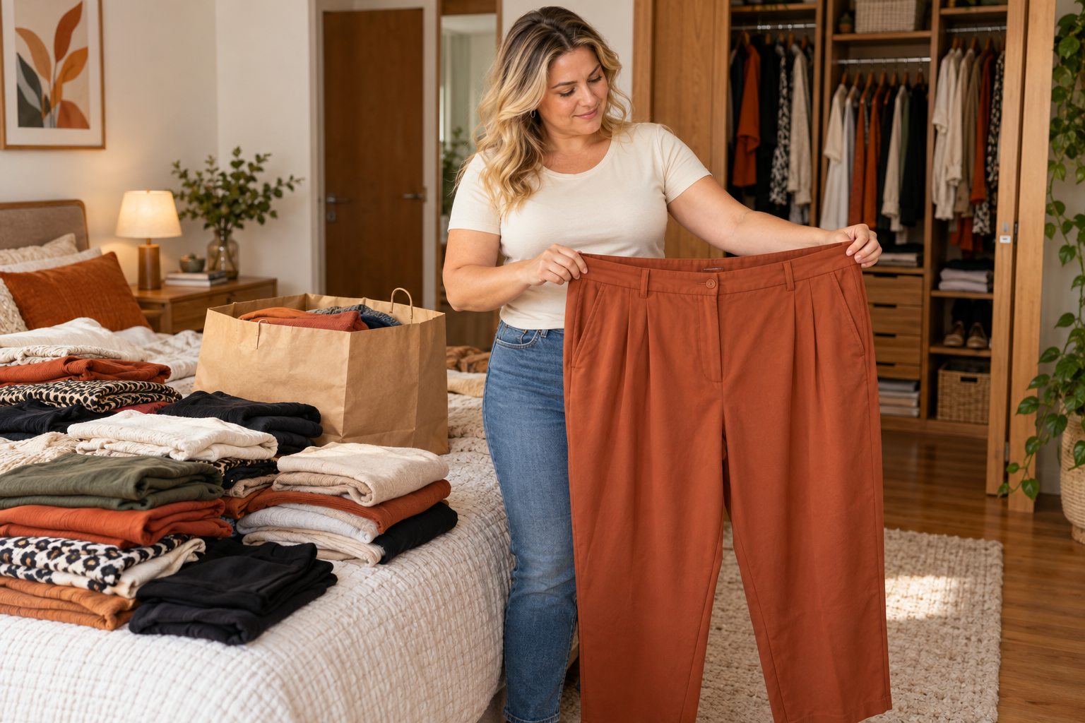 Mulher separando uma calça que ficou grande após mudança de tamanho