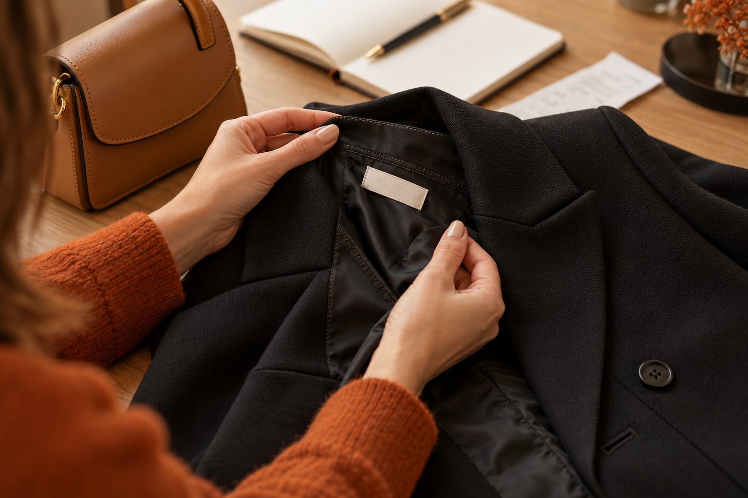 Análise da etiqueta e das costuras de um blazer