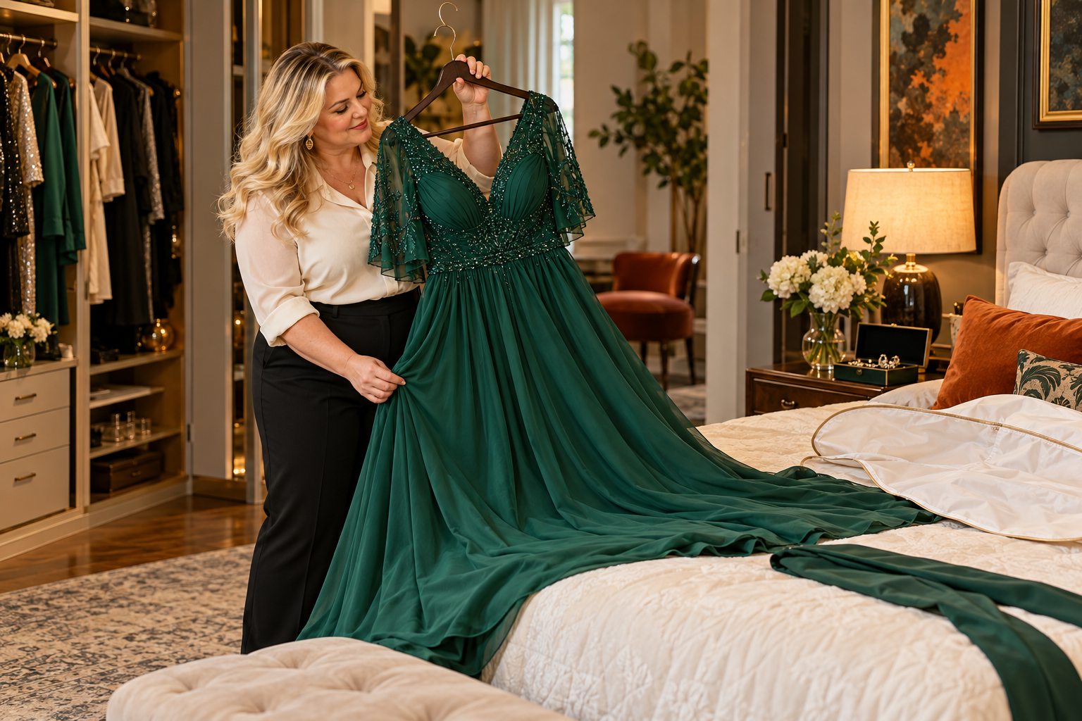 Mulher examinando vestido de festa verde para vender